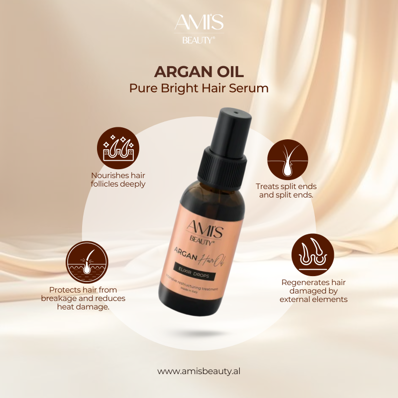 Promotional graphic featuring a bottle of Argan oil surrounded by icons highlighting its benefits on a silky golden background.