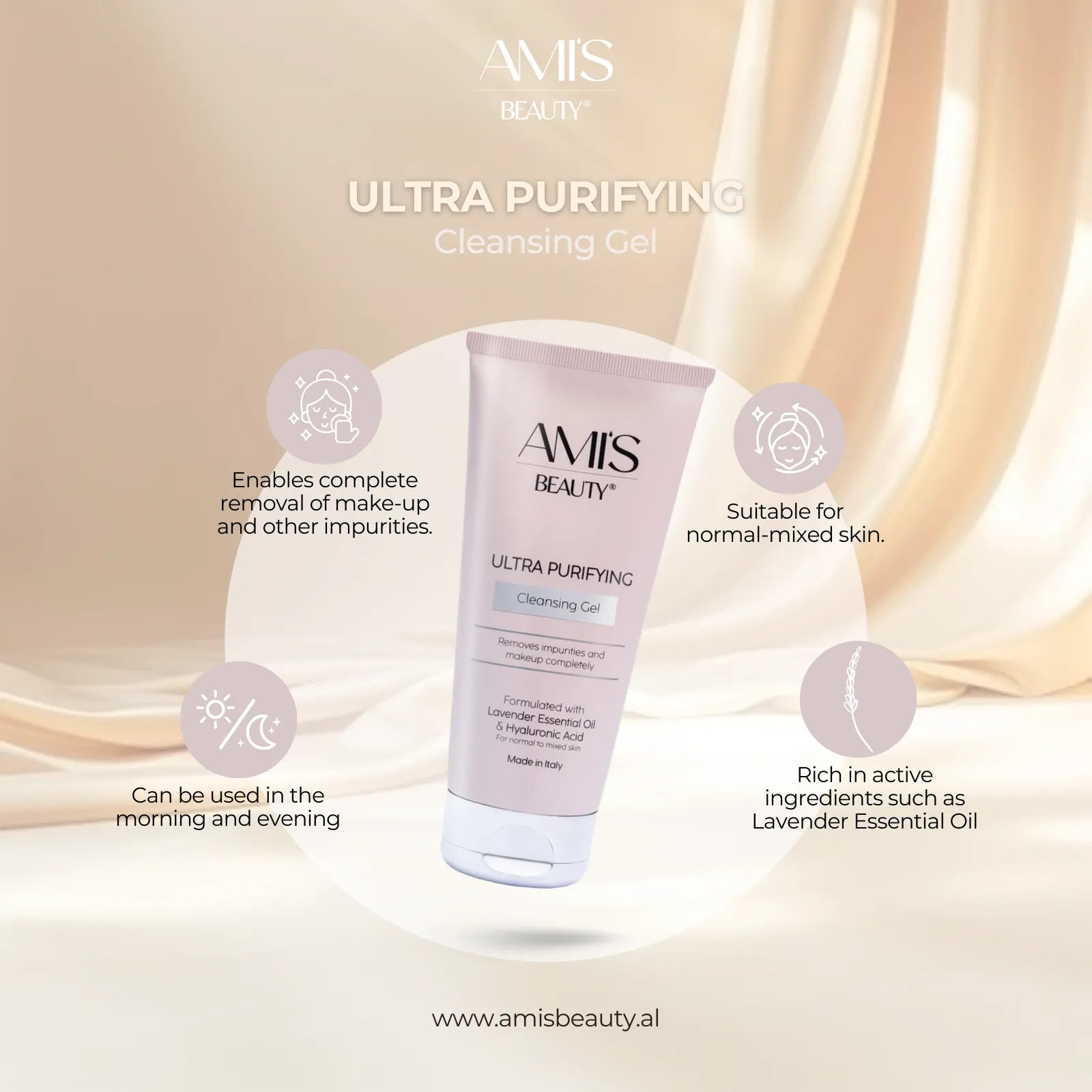 Promotional graphic featuring a tube of Ultra Purifying Cleansing Gel surrounded by icons highlighting its benefits on a silky golden-peach background.