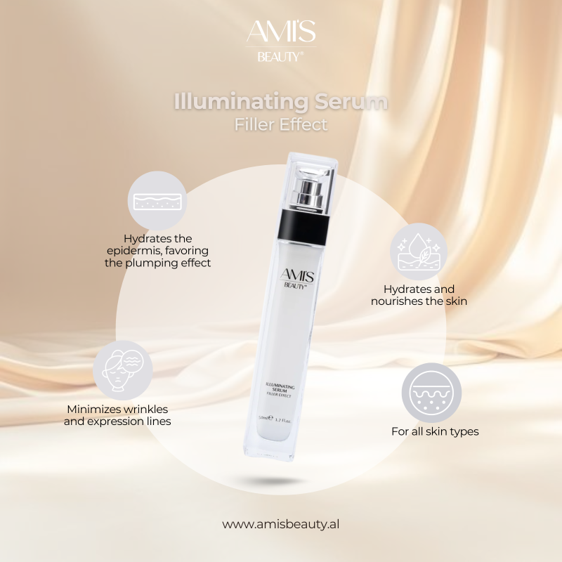 Promotional graphic featuring a bottle of Illuminating Serum surrounded by circular icons highlighting its benefits on a silky golden background.