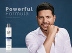 Promotional graphic of a smiling man next to a bottle of anti-dandruff shampoo with text stating Powerful Formula.
