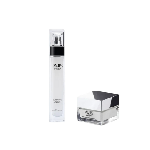 Two-piece Day Set skincare collection featuring a slender white illuminating serum bottle and a square hydration cream jar, isolated on a white background.