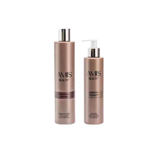 Two-piece Repair Set featuring a tall bronze shampoo bottle and a matching bronze keratin therapy mask bottle, isolated on a white background.