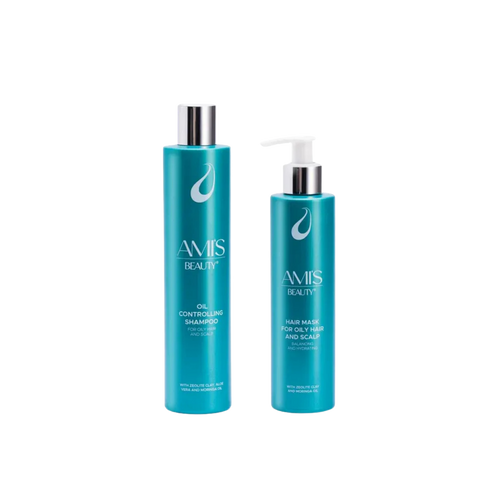 Two-piece hair care set featuring a tall teal bottle of Oil Controlling Shampoo and a matching teal bottle of Oil Controlling Mask, isolated on a white background.