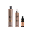 Three-piece Extra Volumizing Boost Set featuring shampoo, volume boost fluid, and argan hair oil in brown and bronze tones, isolated on a white background.