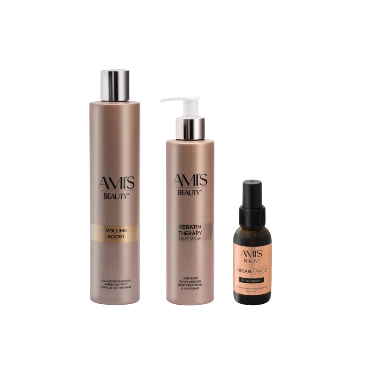 Three-piece Extra Volumizing Boost Set featuring shampoo, volume boost fluid, and argan hair oil in brown and bronze tones, isolated on a white background.