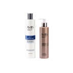 Two-piece Anti-Dandruff Set featuring a white shampoo bottle and a brown keratin mask bottle isolated on a white background.