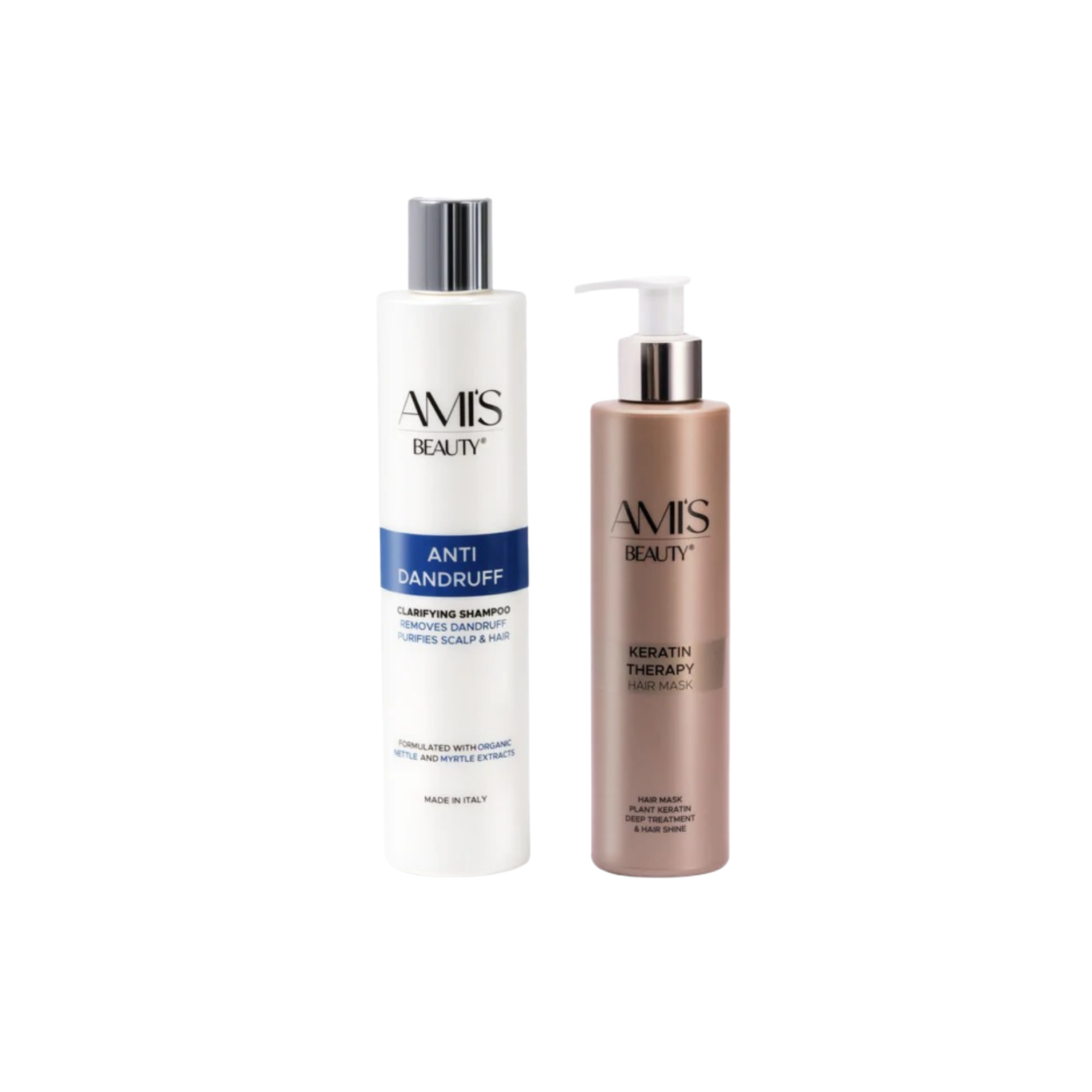 Two-piece Anti-Dandruff Set featuring a white shampoo bottle and a brown keratin mask bottle isolated on a white background.