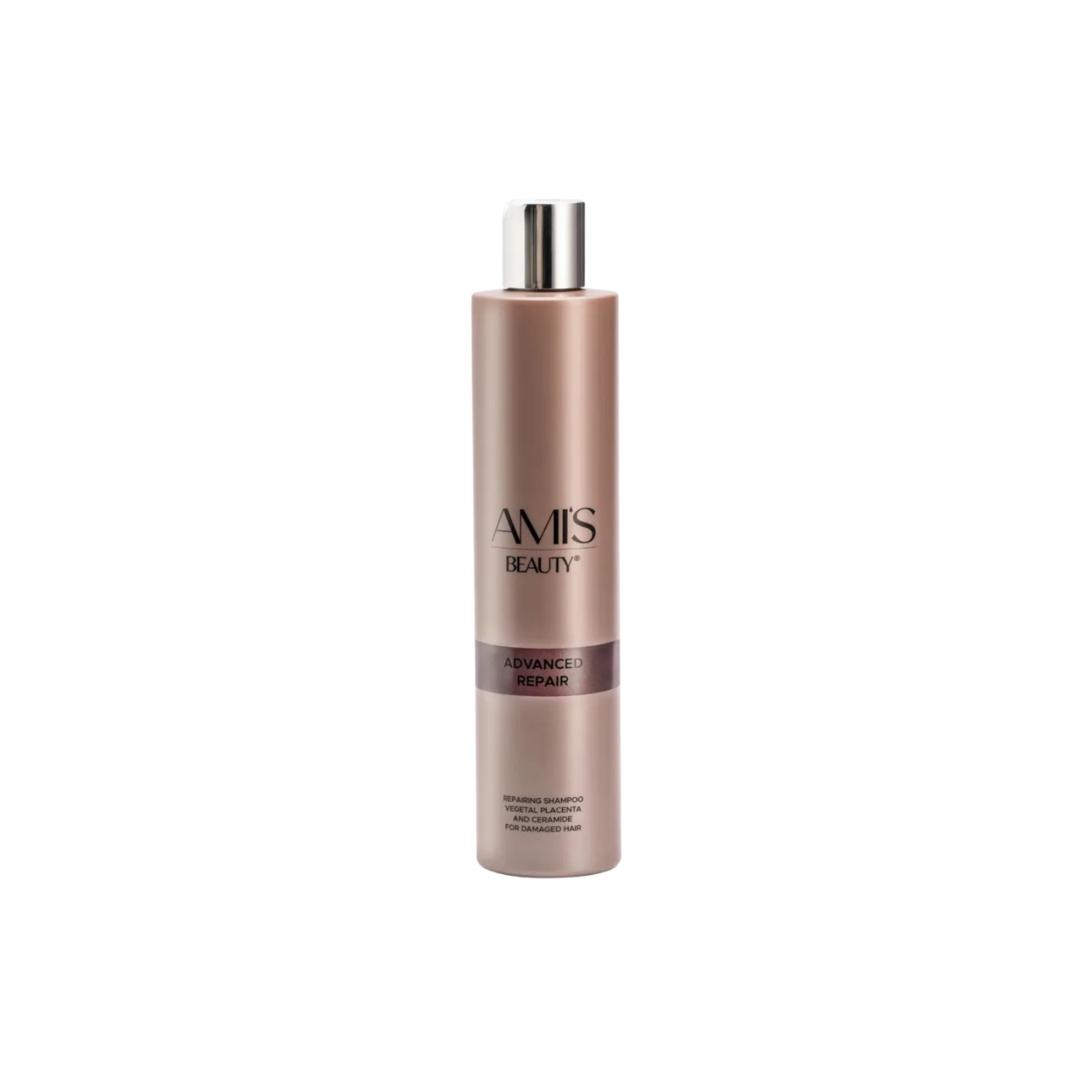 Tall bronze bottle of Advanced Repair Shampoo isolated on a white background.
