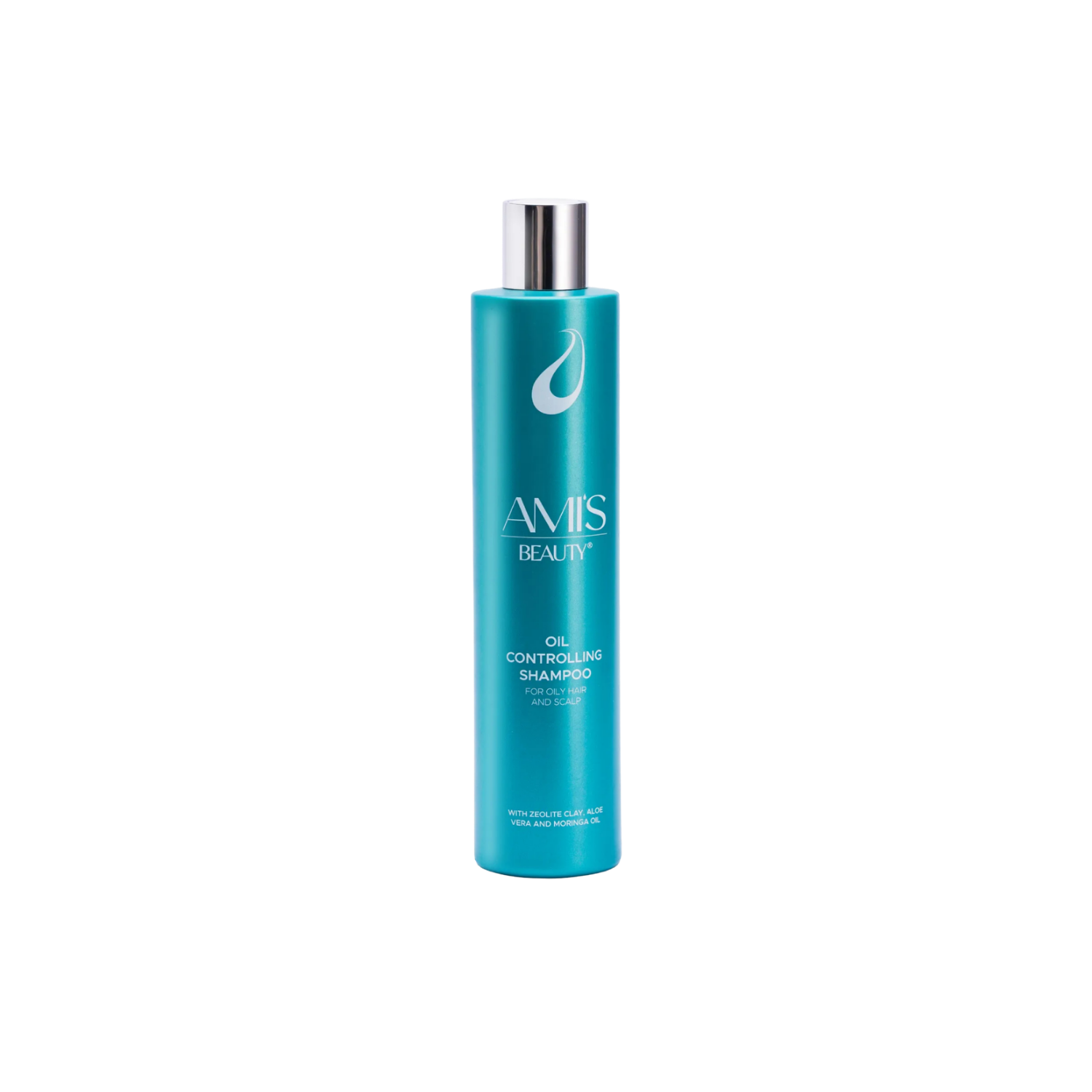 Tall teal bottle of Oil Controlling Shampoo isolated on a white background.