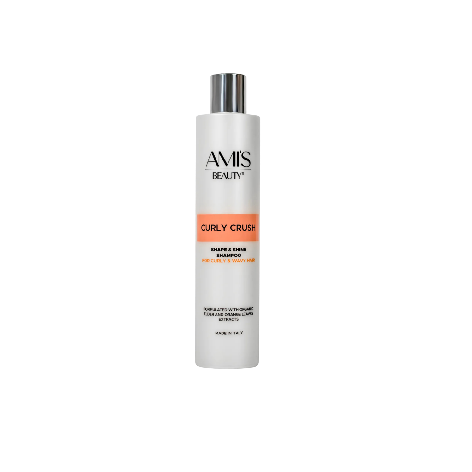 Tall white bottle of Curly Crush Shampoo isolated on a white background.