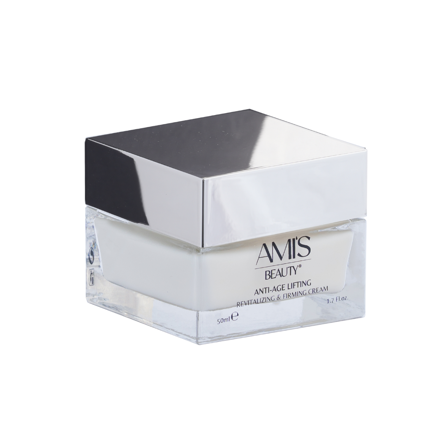 Square jar of Anti-Age Lifting cream with a black and silver geometric lid, isolated on a white background.