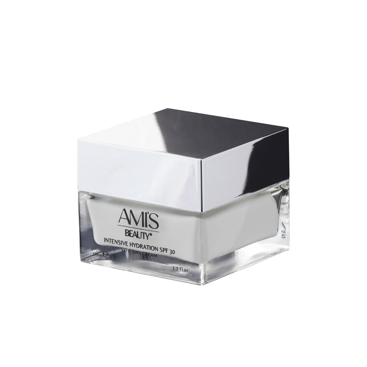Square jar of Intensive Hydration SPF 30 cream with a black and silver geometric lid, isolated on a white background.