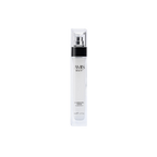 Slender white bottle of Illuminating Serum with a black pump isolated on a white background.