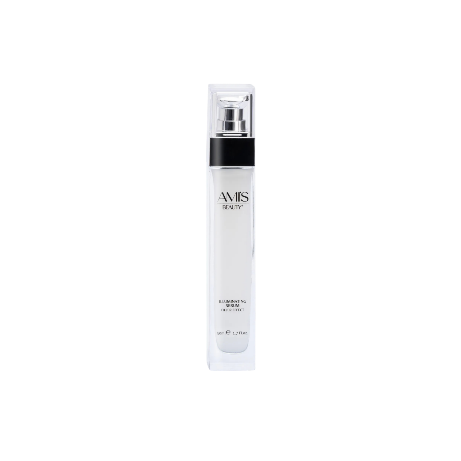 Slender white bottle of Illuminating Serum with a black pump isolated on a white background.