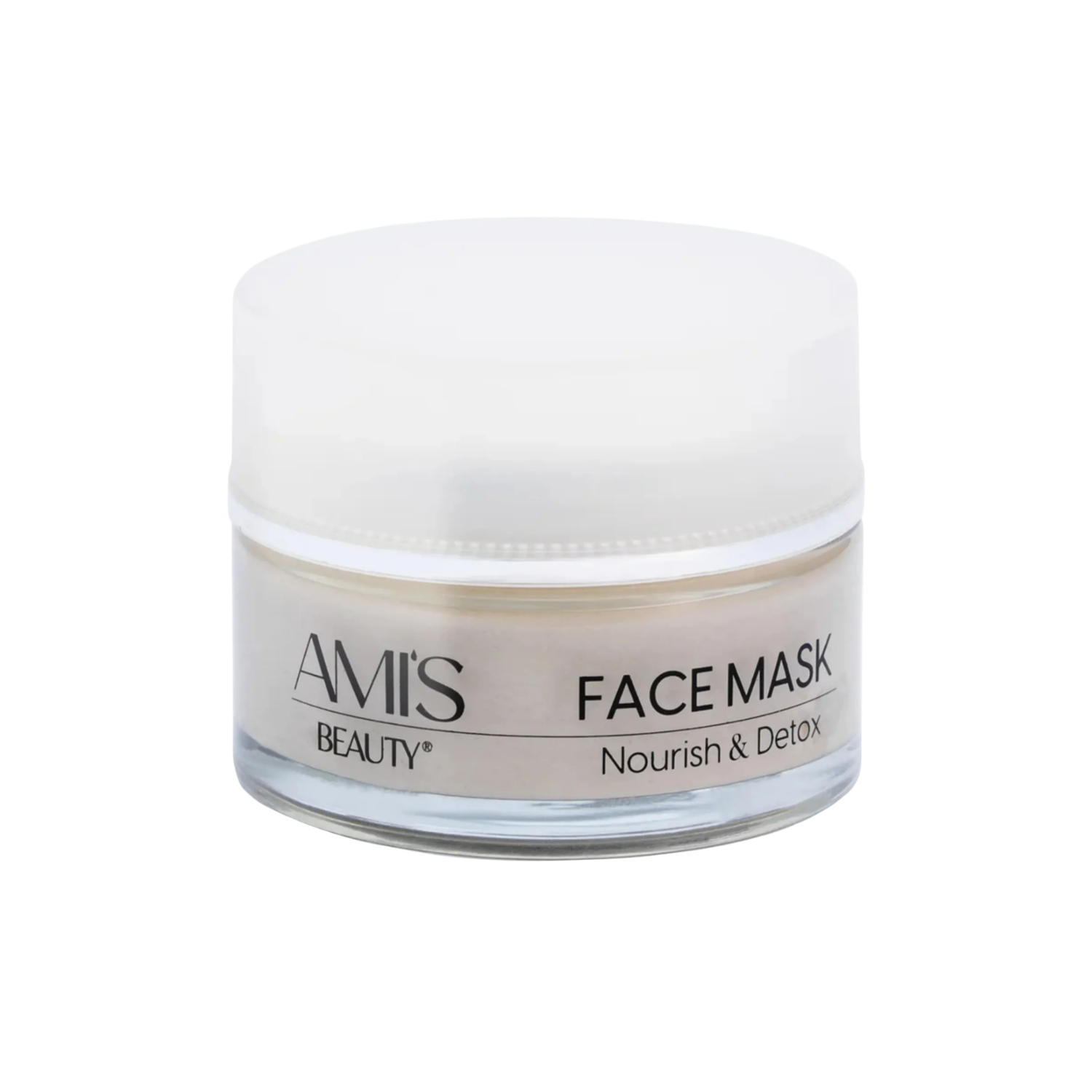 Clear jar with a white lid containing Face Mask Nourish & Detox isolated on a white background.