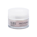 Clear jar with a white lid containing Face Scrub Purifying Exfoliator isolated on a white background.