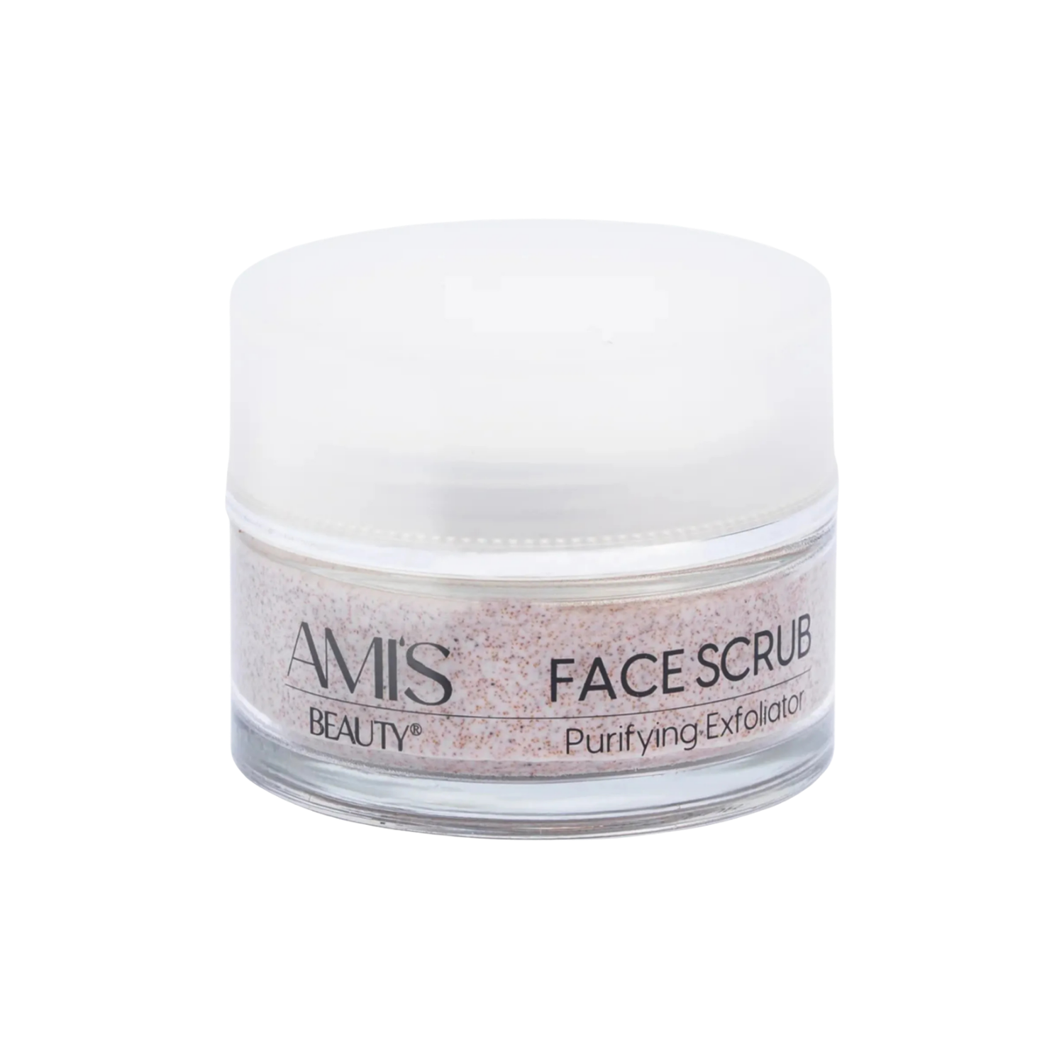 Clear jar with a white lid containing Face Scrub Purifying Exfoliator isolated on a white background.