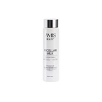 Tall white bottle of Micellar Milk with a silver cap, isolated on a white background.