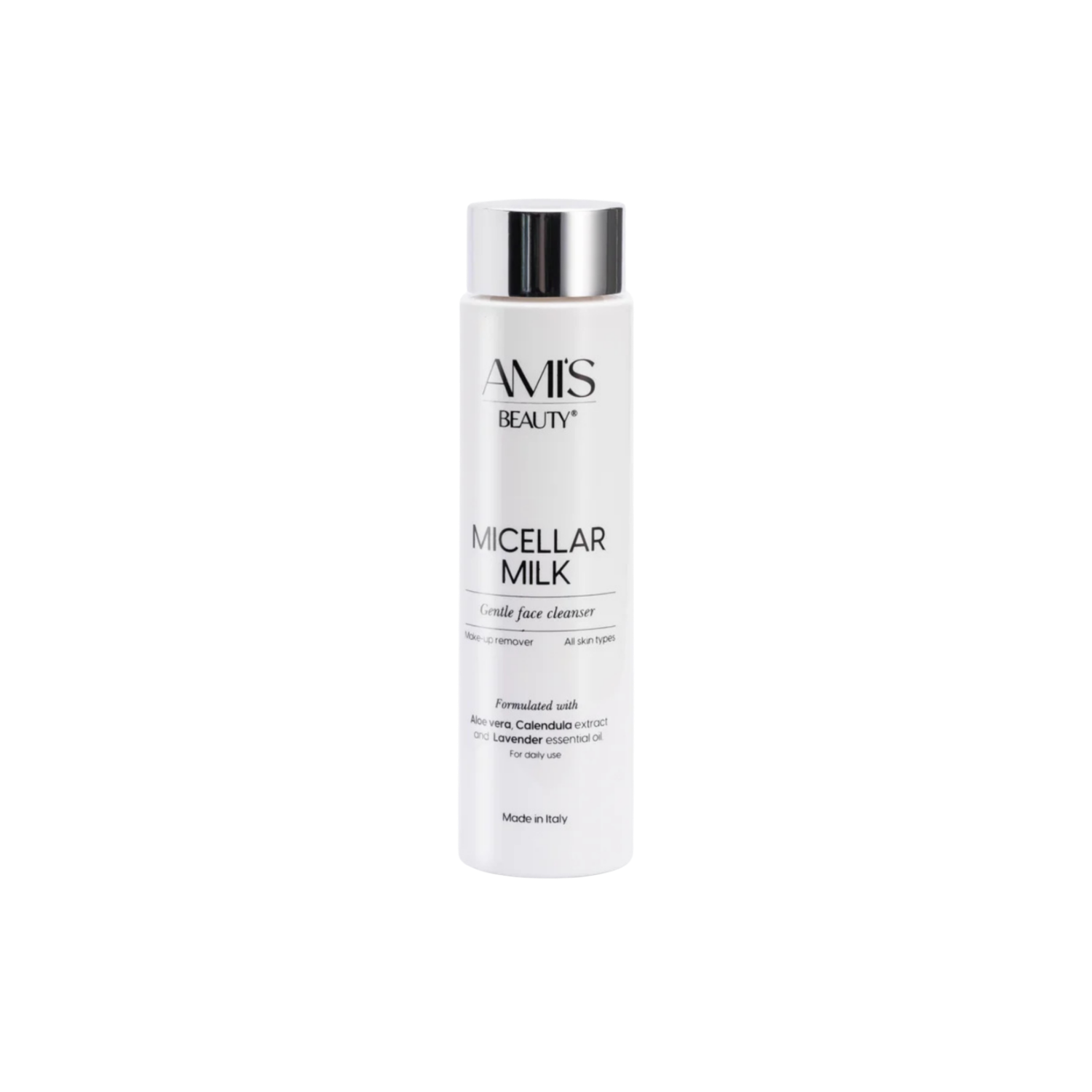Tall white bottle of Micellar Milk with a silver cap, isolated on a white background.