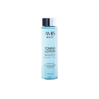 Tall light blue bottle of Toning Lotion isolated on a white background.