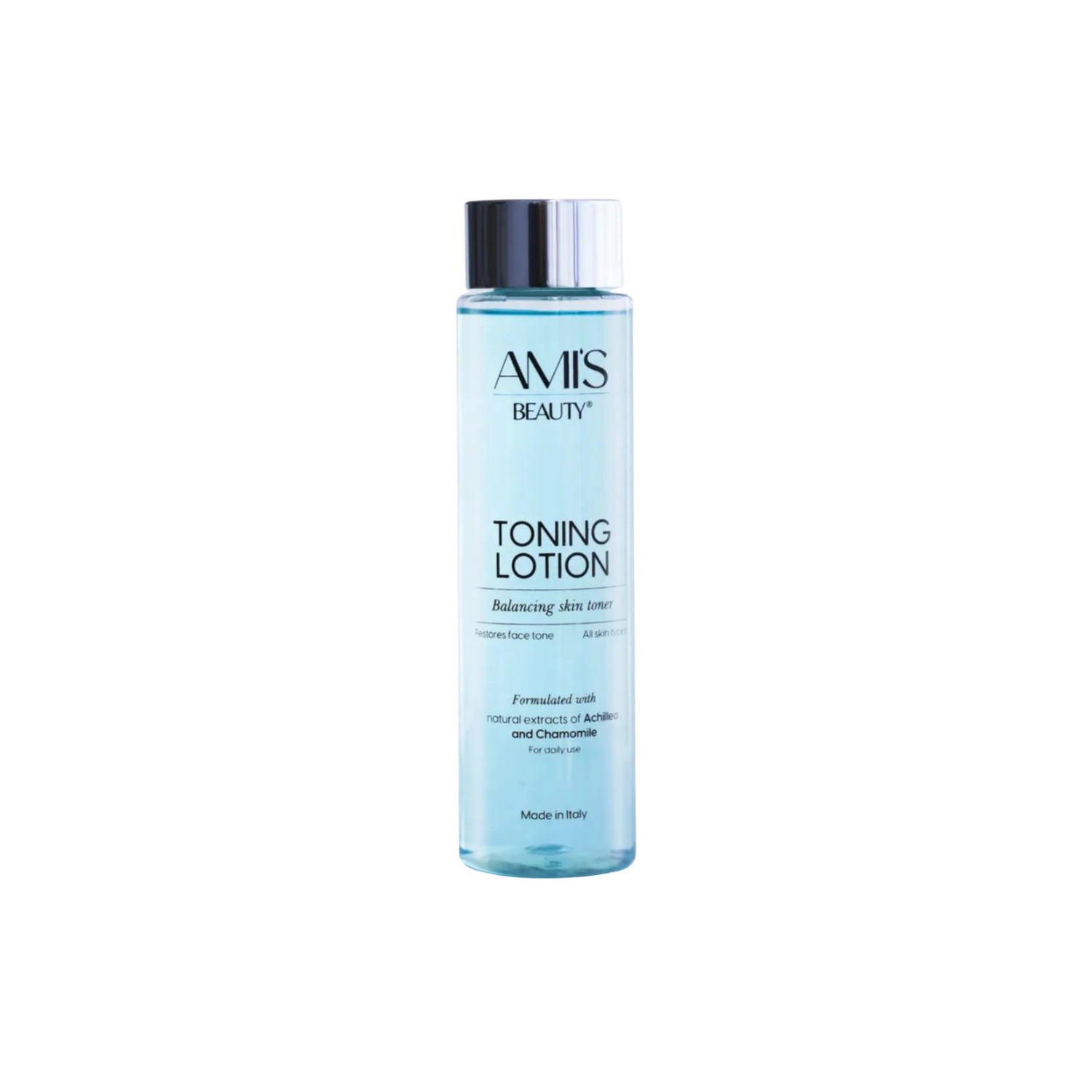 Tall light blue bottle of Toning Lotion isolated on a white background.