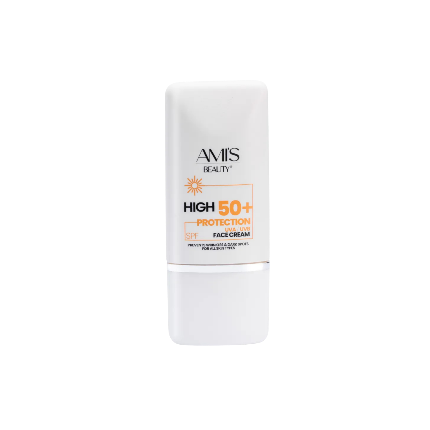 White bottle of Krem dielli SPF 50+ isolated on a white background.
