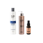 Three-piece Extra Anti-Dandruff Set featuring shampoo, keratin mask, and argan oil on a white background.