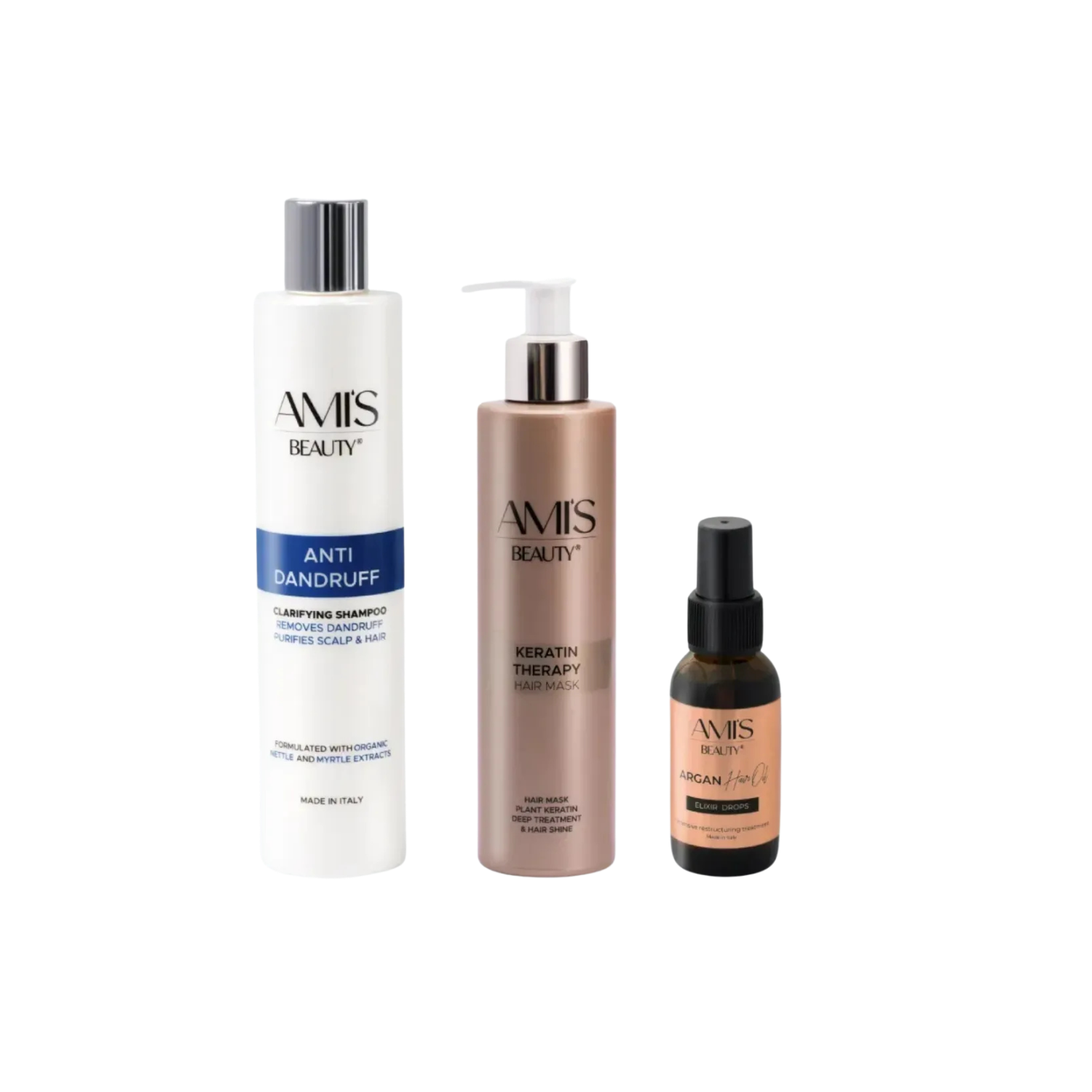 Three-piece Extra Anti-Dandruff Set featuring shampoo, keratin mask, and argan oil on a white background.