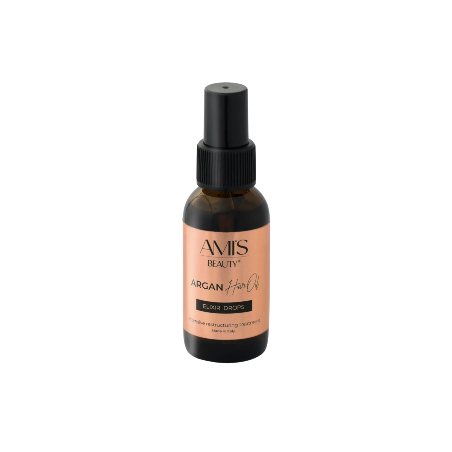 Amber spray bottle of Argan oil isolated on a white background.