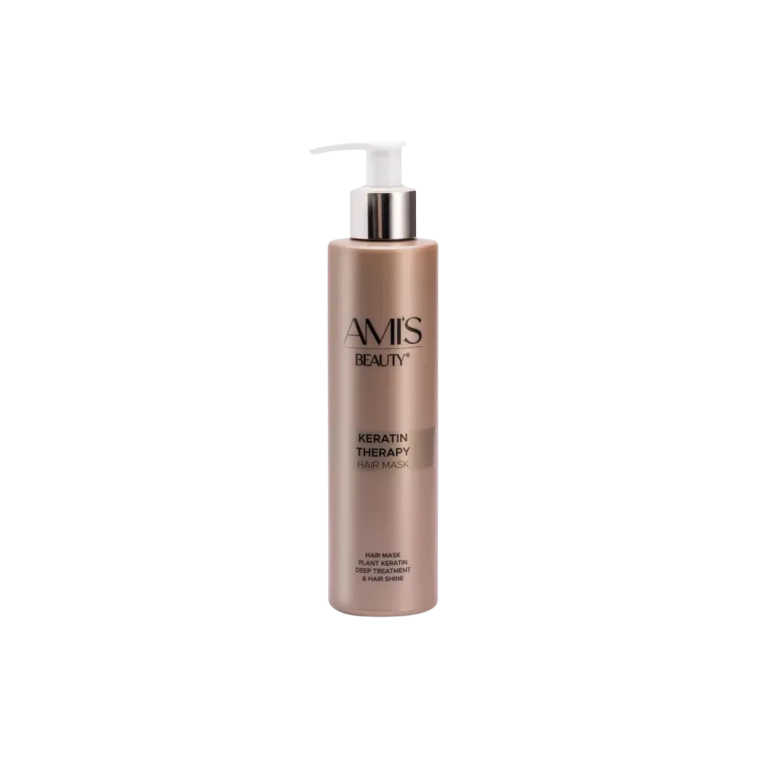 Brown pump bottle of Amis Beauty Keratin Therapy Mask on a white background.