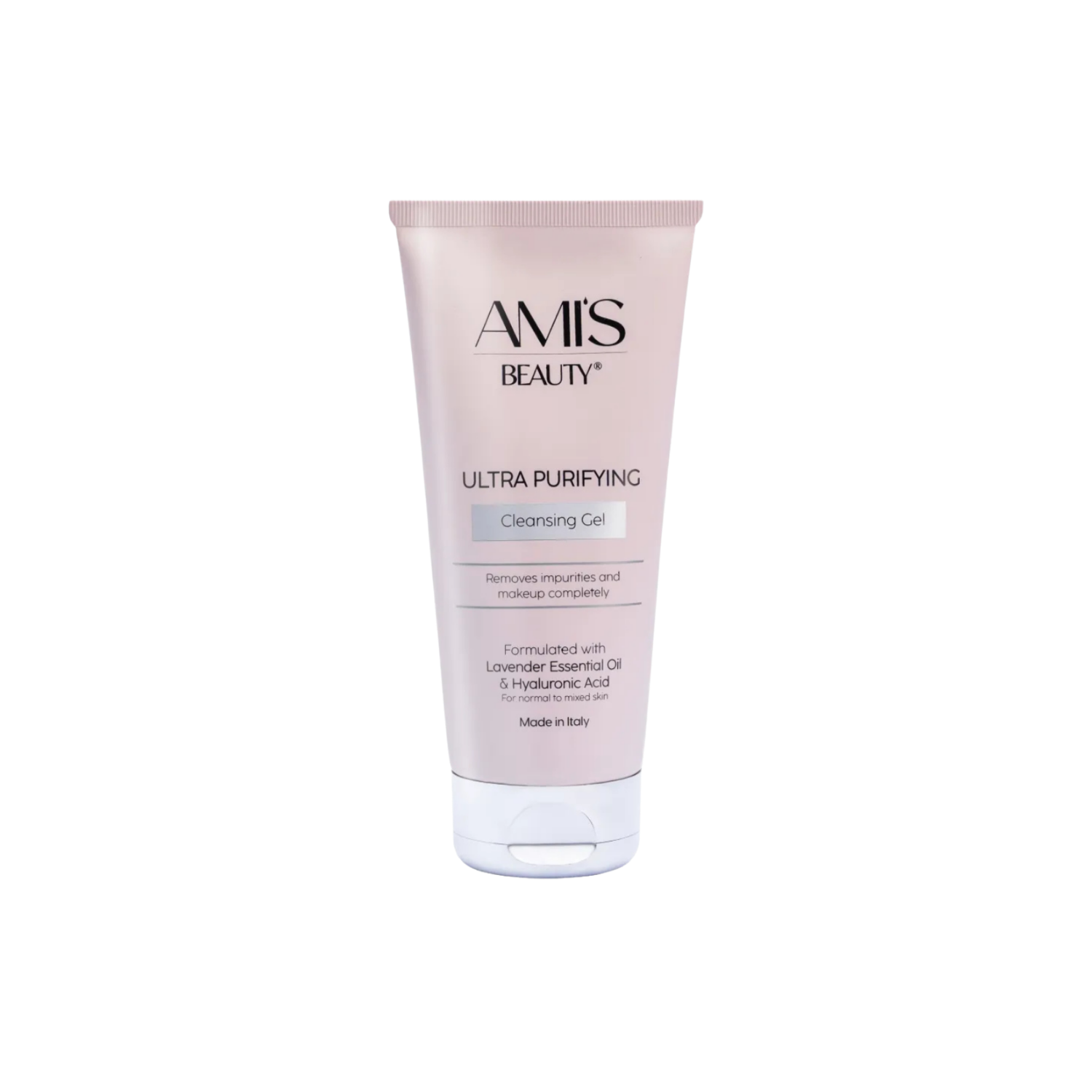 Soft pink squeeze tube of Ultra Purifying Cleansing Gel isolated on a white background.