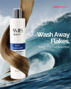 Promotional graphic of a bottle of anti-dandruff shampoo next to a glossy swirl of hair against a background of crashing ocean waves.