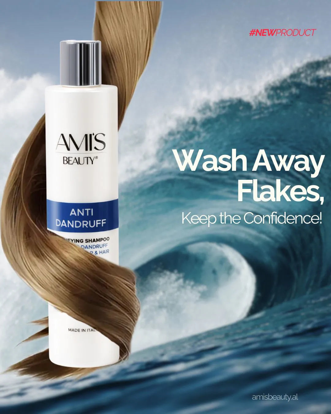 Promotional graphic of a bottle of anti-dandruff shampoo next to a glossy swirl of hair against a background of crashing ocean waves.