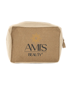 A rectangular cosmetic pouch made of natural burlap with beige fabric sides and a zipper closure, featuring the brand name 'AMI'S BEAUTY' and a gold sun graphic on the front, set against a plain white background.