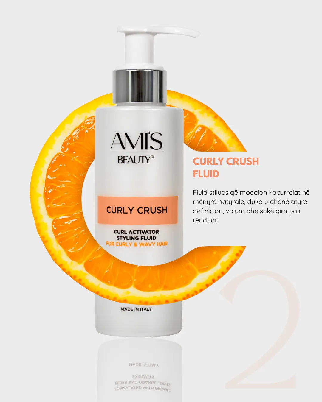 Promotional graphic featuring a bottle of Curly Crush Fluid with an orange circular graphic highlighting its benefits on a white background.