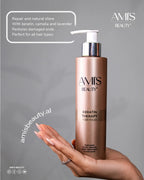 Promotional graphic showing a hand holding the Amis Beauty Keratin Therapy Mask bottle with text highlighting its benefits.