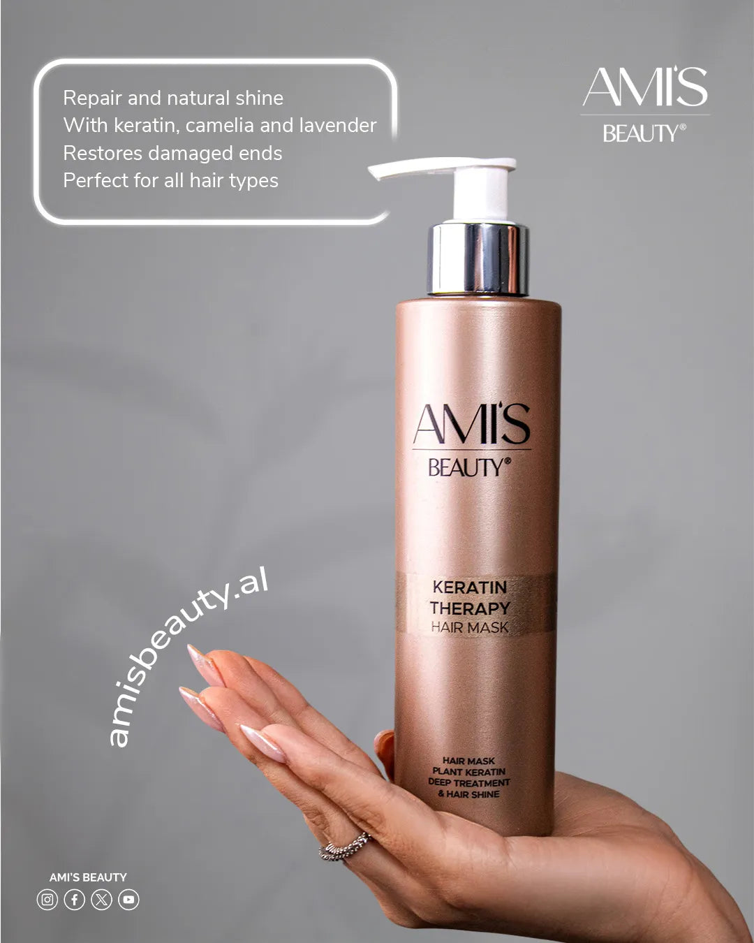 Promotional graphic showing a hand holding the Amis Beauty Keratin Therapy Mask bottle with text highlighting its benefits.