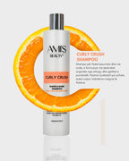 Promotional graphic featuring a bottle of Curly Crush Shampoo with an orange circular design highlighting its benefits on a white background.