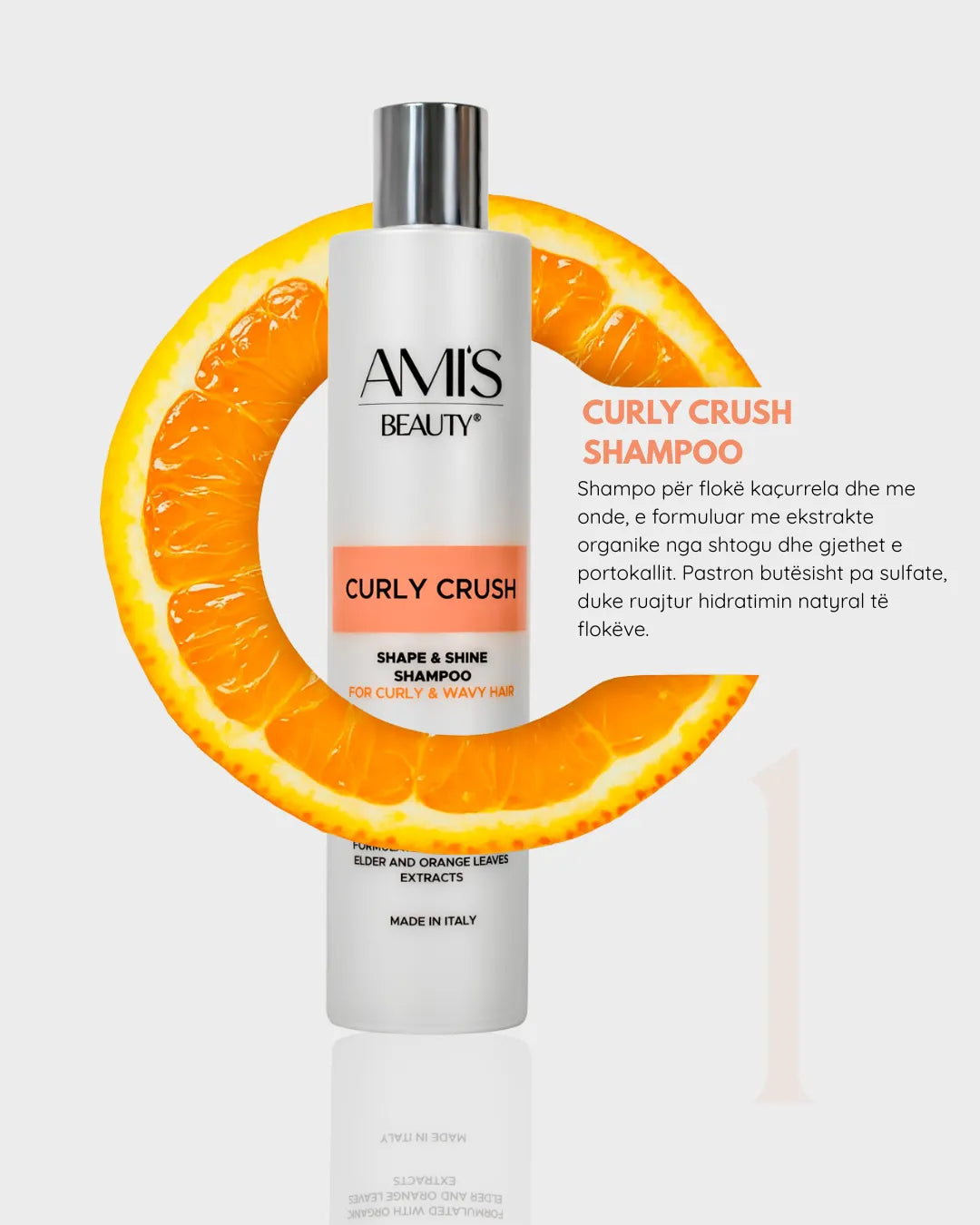 Promotional graphic featuring a bottle of Curly Crush Shampoo with an orange circular design highlighting its benefits on a white background.