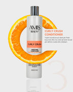 Promotional graphic featuring a bottle of Curly Crush Conditioner with an orange circular design highlighting its benefits on a white background.